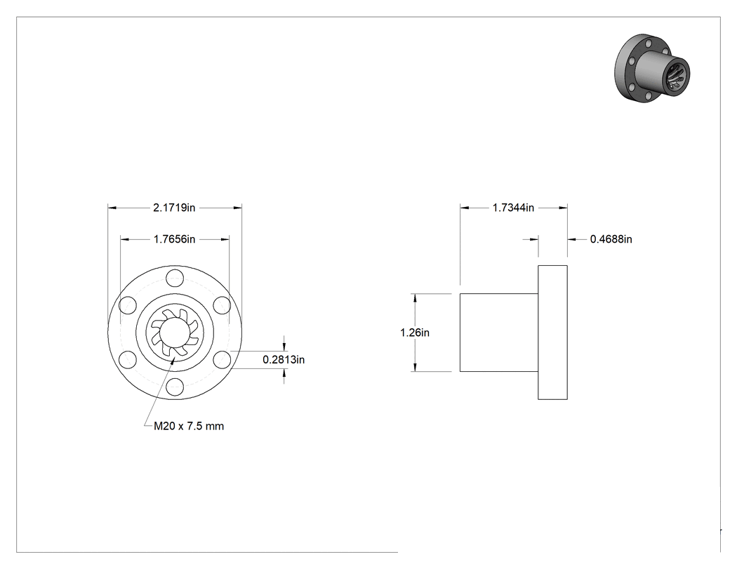 Teknik Çizim - Hızlı Hareketli Ultra Hassas Kılavuz Vida için M20 x 7.50 mm Dişli Flanşlı Somun