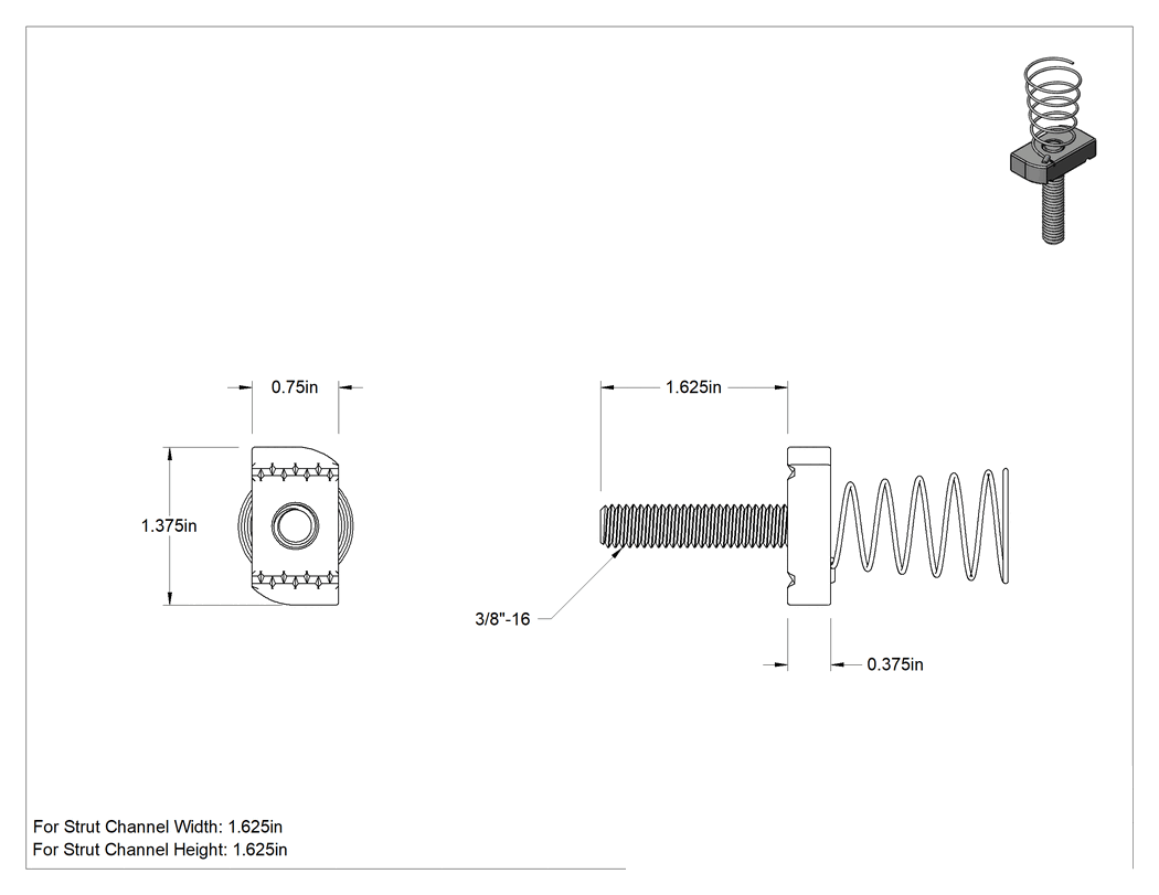 Teknik Çizim - Saplamalı Strut Kanal Somunu, 1-5/8" Kanal Yüksekliği için, 3/8"-16 Diş, 1-5/8" Diş Uzunluğu