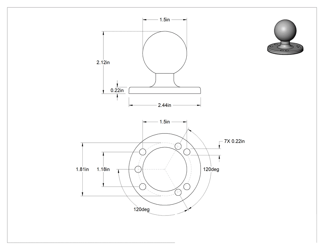 Teknik Çizim - 2-1/8" Yüksekliğinde Yuvarlak Vidalı Taban, Top Tutucu Konumlandırma Kolu için