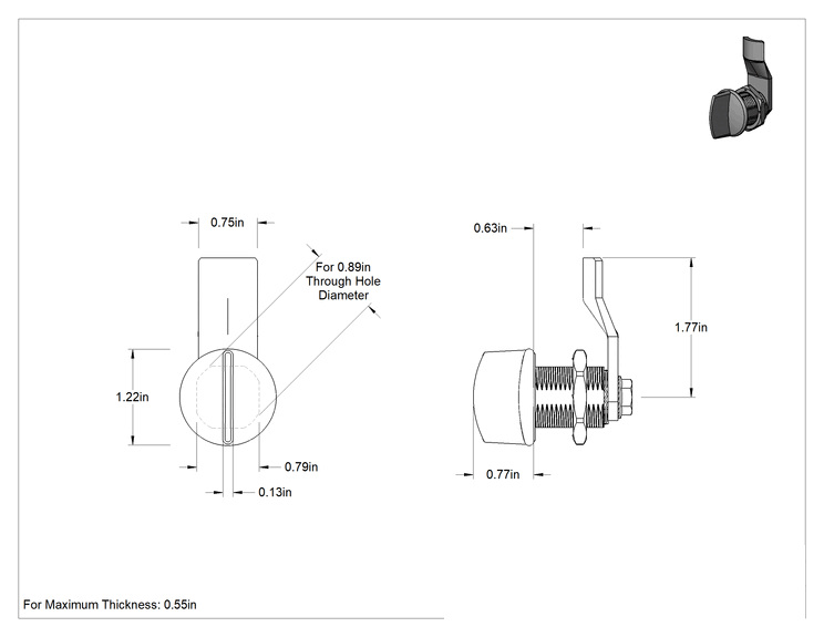 Teknik Çizim - Yıkanabilir Kam Mandalı, Kanatlı Saplı, Krom Kaplı Çinko, 35/64" Maksimum Kalınlık için