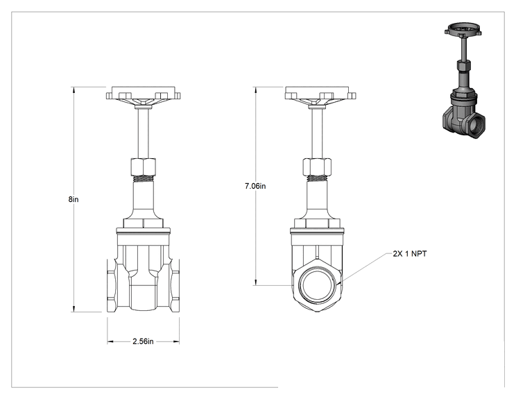 Teknik Çizim - Bronz Gövde ve Sürgülü Kademeli Açma/Kapama Vanası, Tekerlek Kolu ve Yükselen Mil, Sınıf 150, 1 NPT Dişi