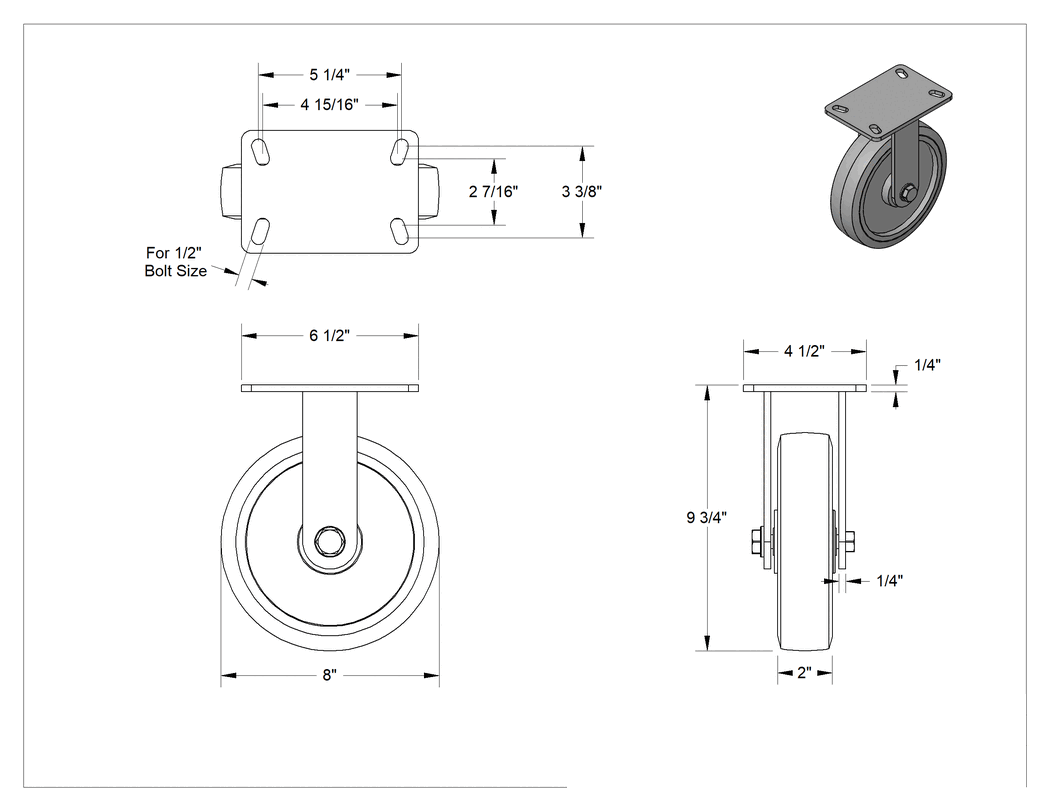 Teknik Çizim - 6-1/2" x 4-1/2" Plakalı Yüksek Kapasiteli Kingston Tekerlek, 8 inç Çapında Yeşil Poliüretan Tekerlekli Sert