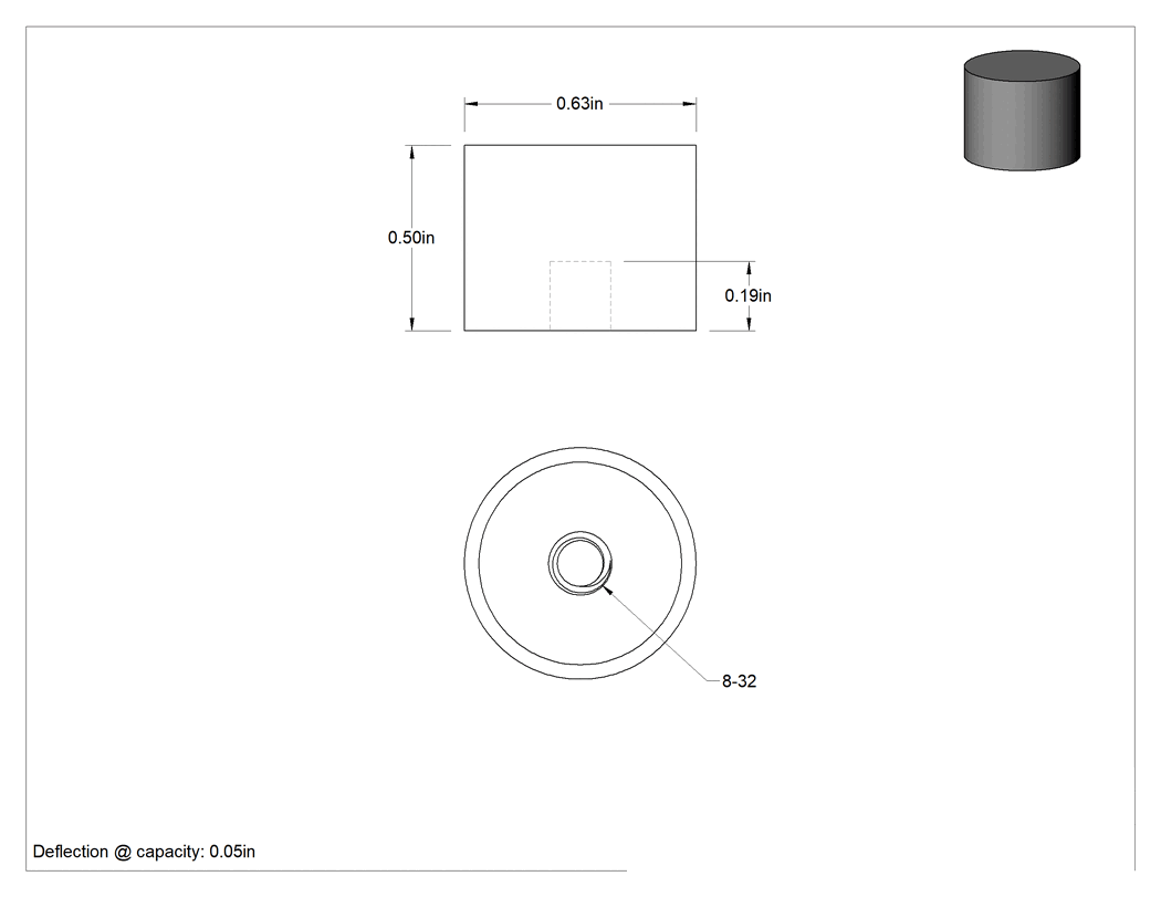 Teknik Çizim - Yük Kapasiteli Güçlendirilmiş Neopren Kauçuk Tampon, Çelik Taban Plakalı, 8-32 Delik, 1/2" Yükseklik, 20 lbs. Maksimum