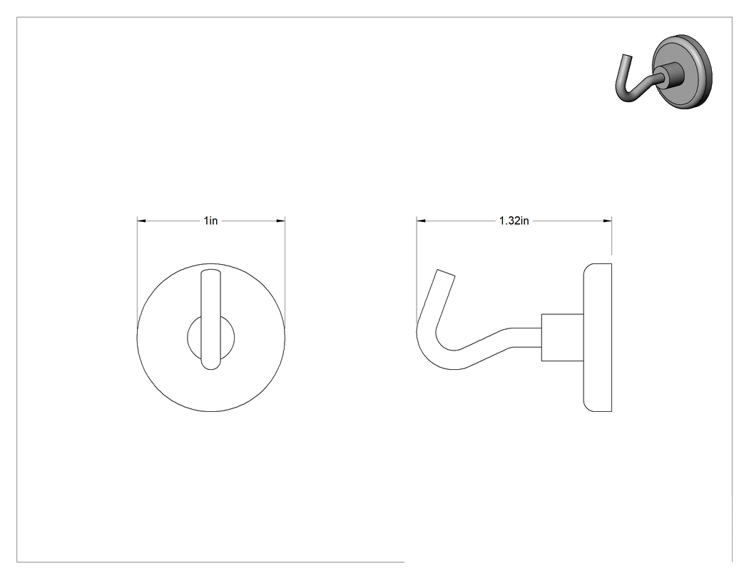 Teknik Çizim - Manyetik Arka Kanca, 1" Genişlik x 1" Yükseklik x 1-1/4" Derinlik