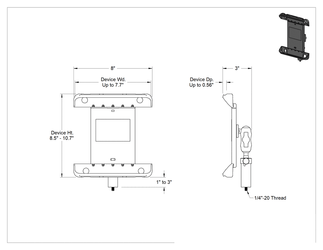 Teknik Çizim - Tablet Montaj Aparatı, Dişli Saplama Montajı, 8.7"-11" Köşegen Ekran Boyutu için
