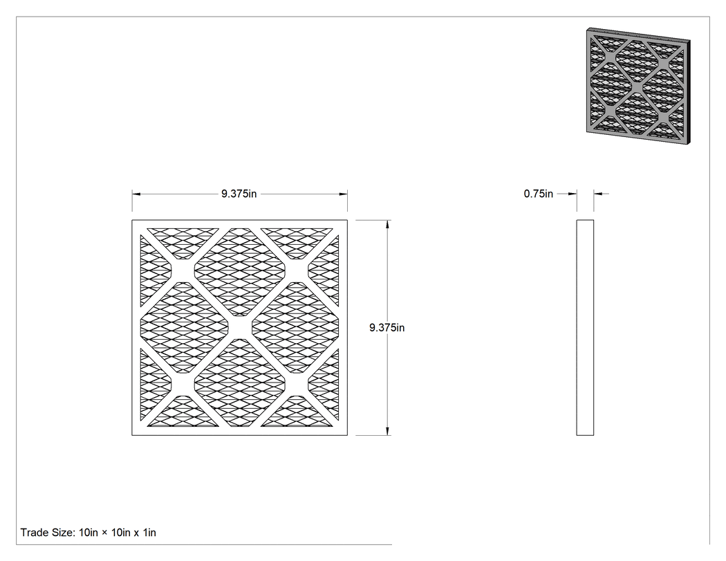 Teknik Çizim - Kıvrımlı Panel Hava Filtresi, Yüksek Verimli, 1" Kalınlık, 10 x 10 Anma Ölçüsü, MERV 11