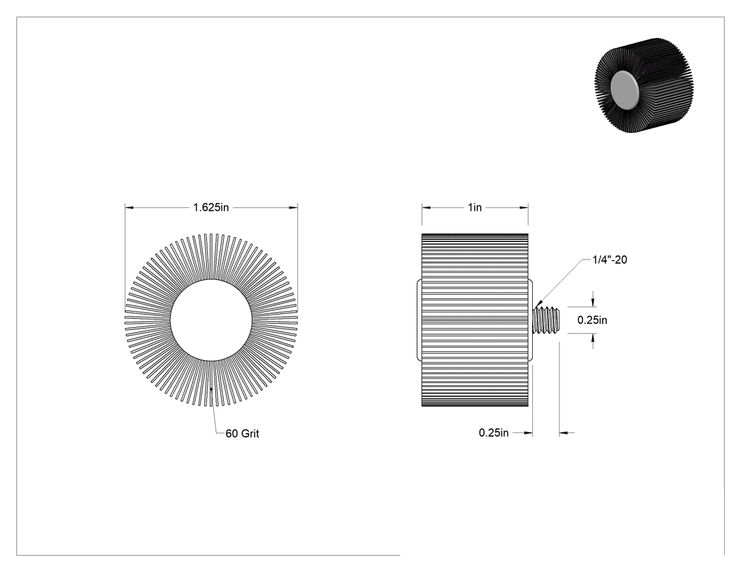 Teknik Çizim - Lamelli Zımpara Çarkı, Dişli Saplama, Pürüzlü Yüzey için, 60 Kum, 1-5/8" Çap, 1" Genişlik