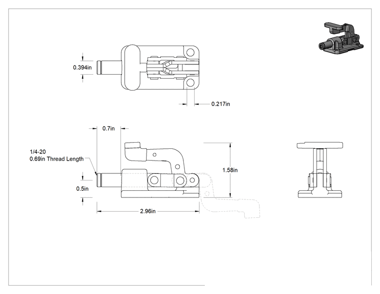 Teknik Çizim - İt/Çek Mandal Kelepçe, Kompakt, Çelik, 550 lbs. Tutma Kapasitesi, 11/16" Uzunluğunda Piston