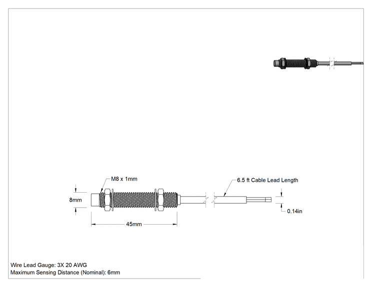 Teknik Çizim - DC Metal Nesne Yakınlık Anahtarı, Paslanmaz Çelik, Tel Uçlu Çıkıntılı, 8 mm Çap, NPN, 1 Kapalı