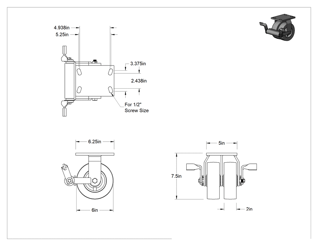 Teknik Çizim - Viking Tekerlek, Ekstra Yüksek Kapasiteli, Frenli ve 6 inç Çapında Fenolik Tekerlekli Sabit
