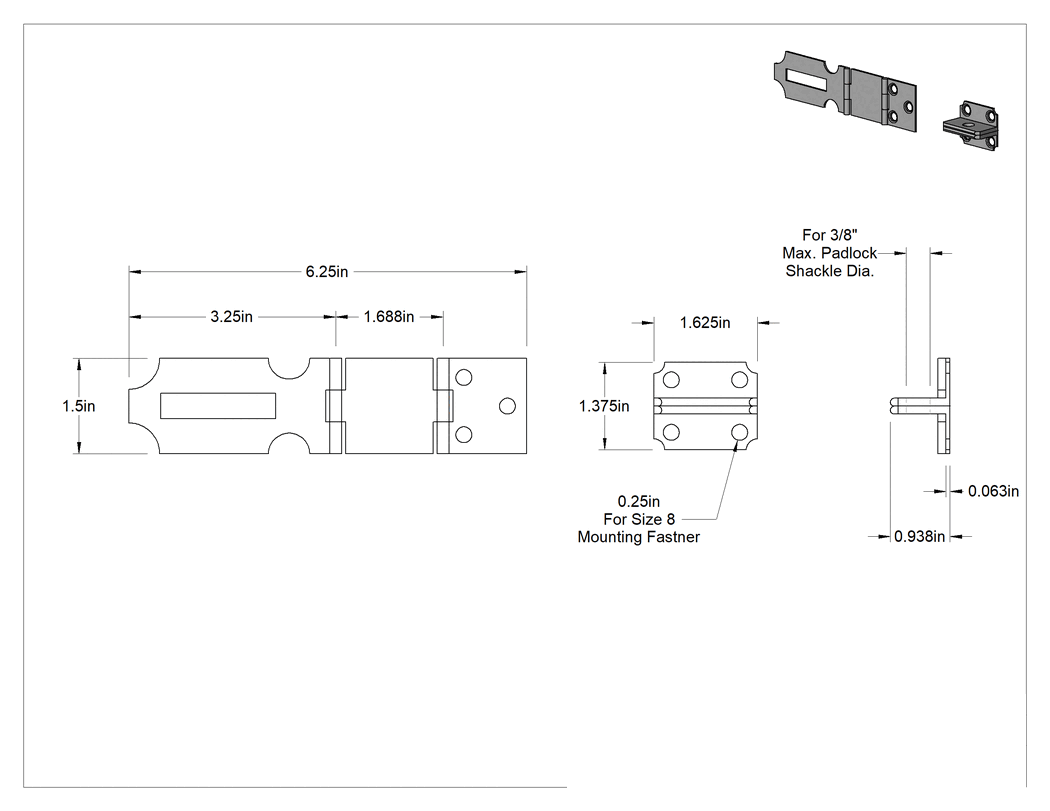 Teknik Çizim - Uzun Uçlu Asma Kilitli Köşe Mandalları, 4-15/16" x 1-1/2" x 1/16" Kol