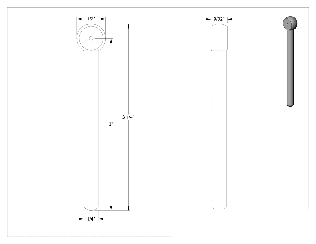 Teknik Çizim - Çubuk Ucu Cıvata Boşluğu, 1/4" Şaft Çapı, 3" Şaft Merkez Uzunluğu
