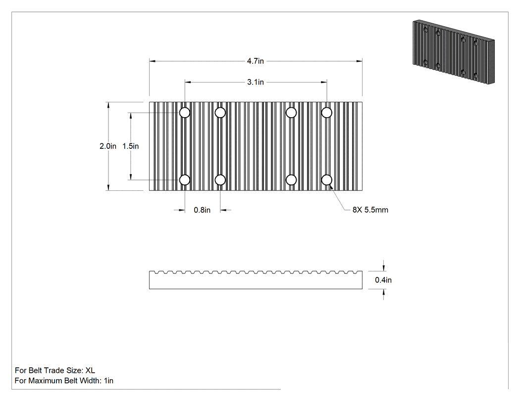 Teknik Çizim - 4.72" Uzunluk x 1.97" Genişlik XL Boyutlu Triger Kayışı için Uç Plakası
