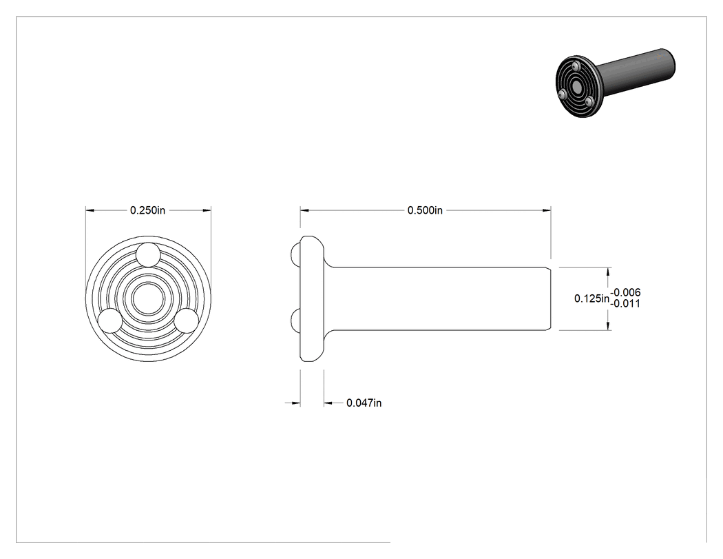 Teknik Çizim - Kaynak Pimleri, Yüzeye Montaj, 1/8" Çap, 1/2" Uzunluk, 18-8 Paslanmaz Çelik