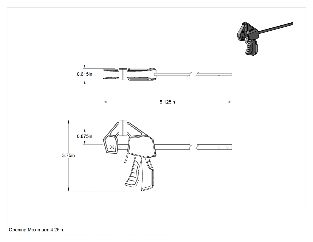 Teknik Çizim - Tetiklemeli Çubuk Kelepçesi, 0" ila 4-1/2" Açıklık