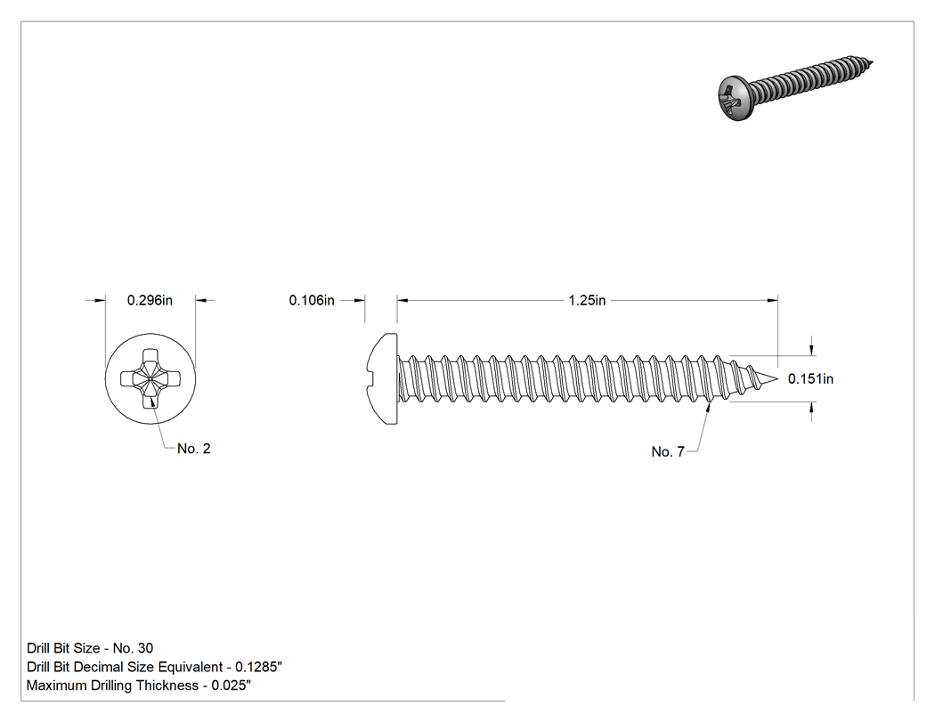 Teknik Çizim - Sac Metal için Phillips Yuvarlak Başlı Vidalar, 18-8 Paslanmaz Çelik, 7 Numaralı Vida Boyutu, 1-1/4" Uzunluk