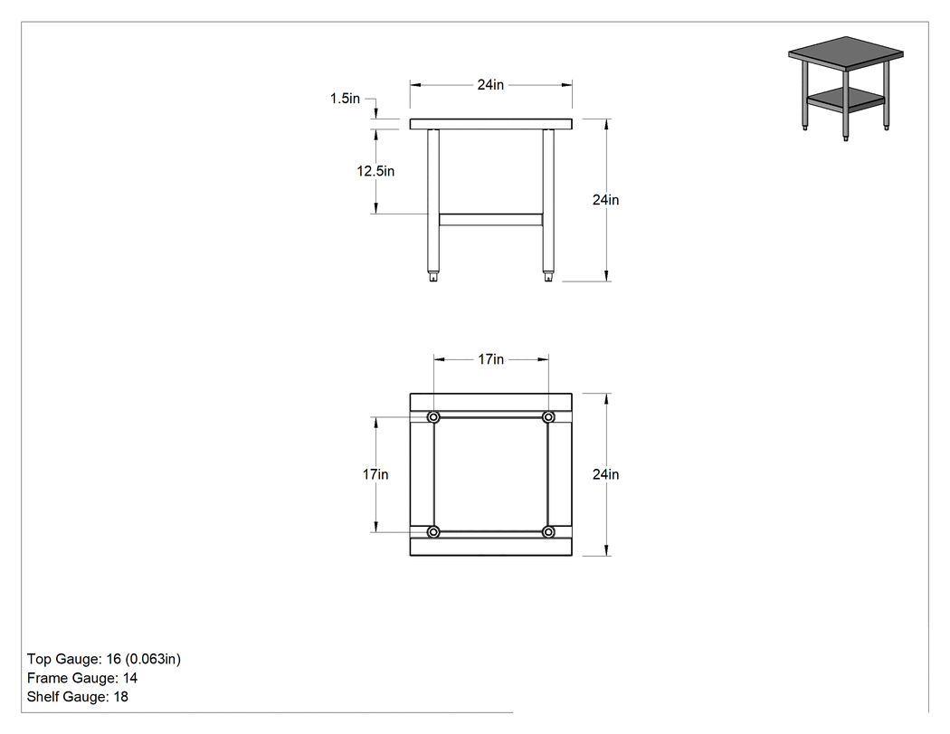 Teknik Çizim - Raflı Paslanmaz Çelik Masa, Düşük Profilli, Sabit, 24 inç Yükseklik x 24 inç Genişlik x 24 inç Derinlik