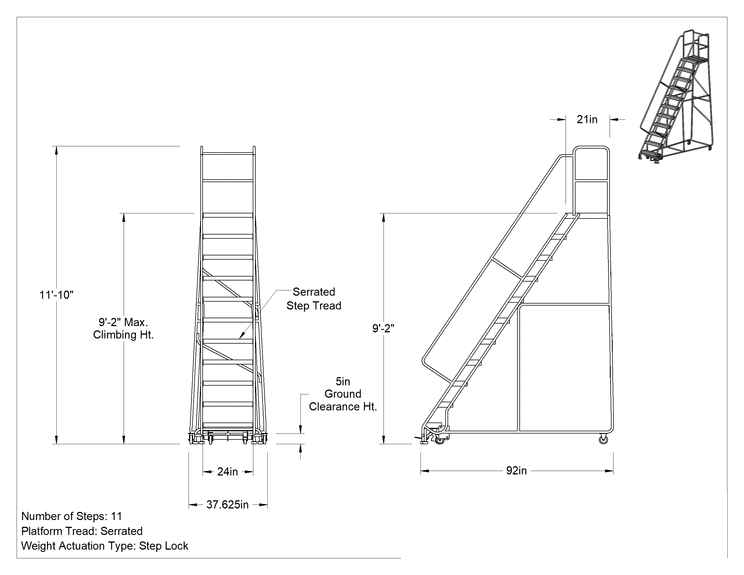 Teknik Çizim - Hafif Alüminyum Tekerlekli Platform Merdiveni, Tırtıklı Basamaklar, 12'8" Yükseklik x 38" Genişlik x 92" Derinlik Toplam