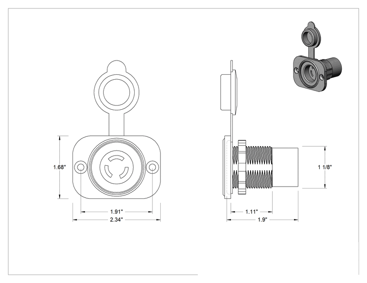 Teknik Çizim - Turn-Lock Araç DC Konektörü, Soket, 10-8 AWG için