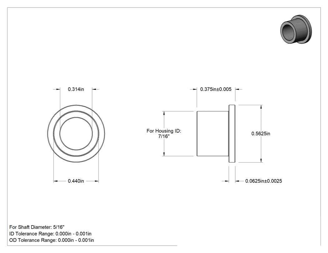 Teknik Çizim - Yağ Dolgulu 841 Bronz Flanşlı Burçlu Yatak, 5/16" Mil ve 7/16" Muhafaza İç Çapı için, 3/8" Uzunluk, 1/16" Flanş