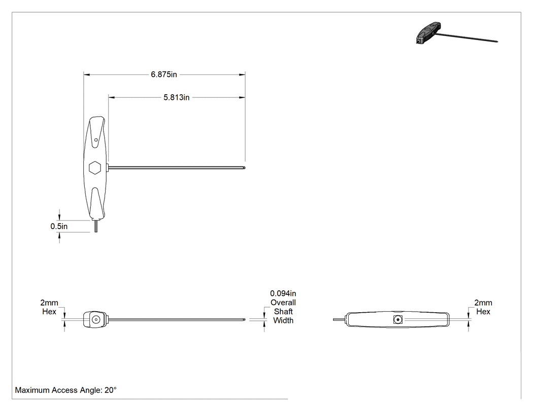 Teknik Çizim - Yüksek Kaldıraçlı Açılı Tahrikli Top Uçlu T-Kolu Anahtarı, 2 mm Tahrik Boyutu, 6-7/8" Toplam Uzunluk