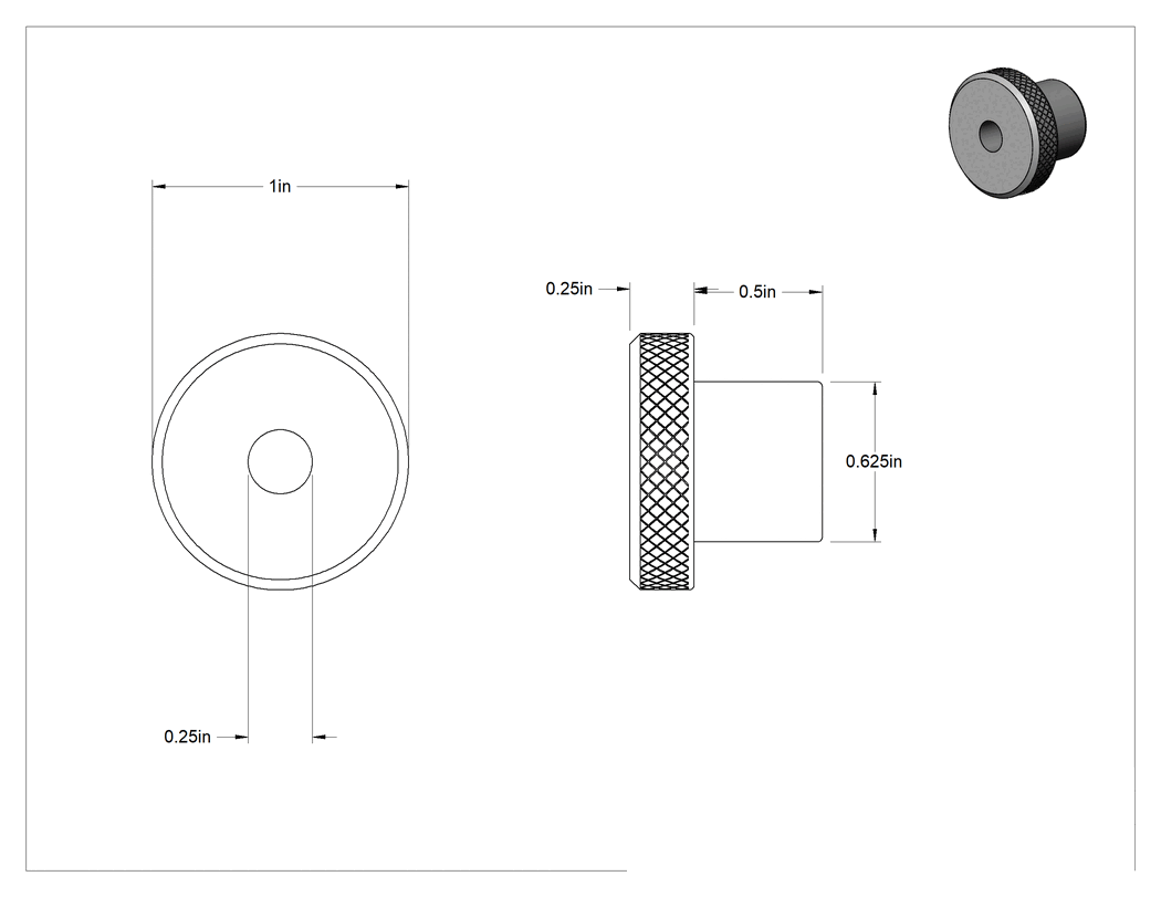 Teknik Çizim - 303 Paslanmaz Çelik Tırtıllı Düğme, 1/4" Çaplı Dişsiz Delikli
