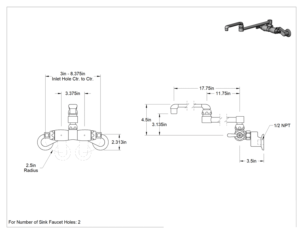 Teknik Çizim - Çift 1/2 NPT Arka Girişli Lavabo Bataryası, 18" Uzunlukta Eklemli Musluklu