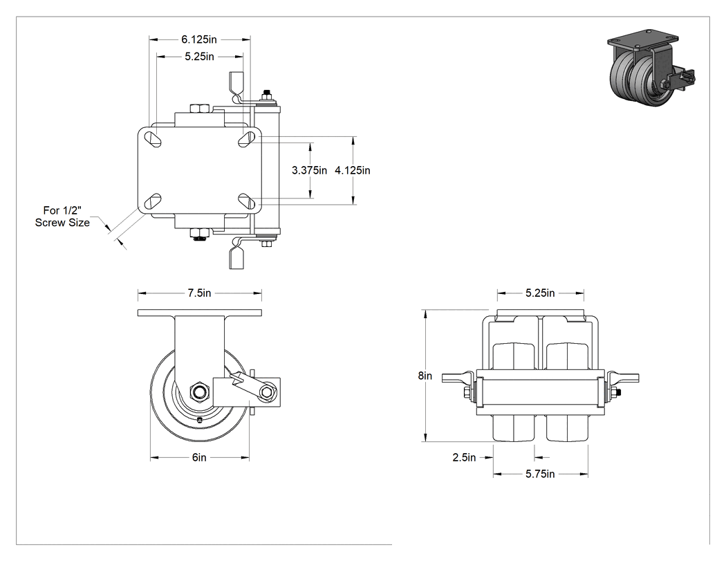 Teknik Çizim - 7-1/4" x 5-1/4" Plakalı Stronghart Tekerlek, Ekstra Yüksek Kapasiteli, Frenli ve 6 inç Çapında Fenolik Tekerlekli Sabit