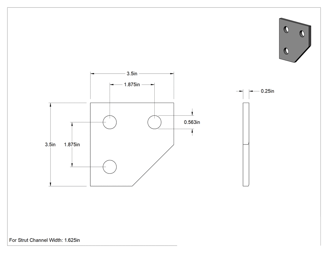Teknik Çizim - Strut Kanalı Braketi, Dirsek, 304 Paslanmaz Çelik, 3-1/2" Uzunluk