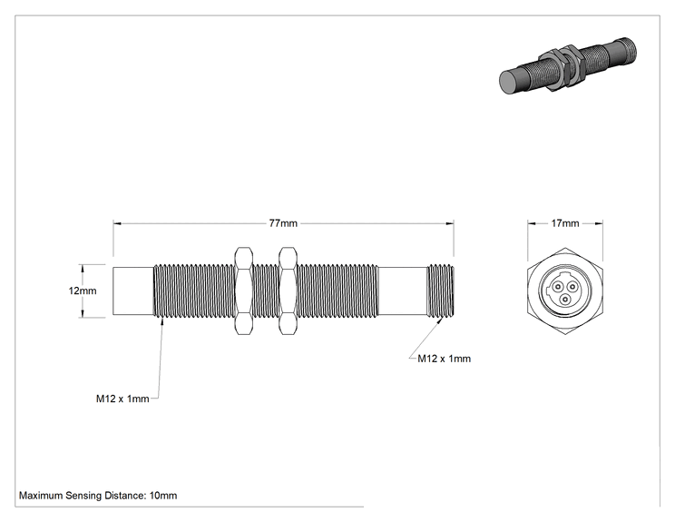 Teknik Çizim - Uzun Mesafeli Metal Nesne Yakınlık Anahtarı, AC, 3 Kutuplu Mikro M12 Konektörli Çıkıntılı, 12 mm Çap