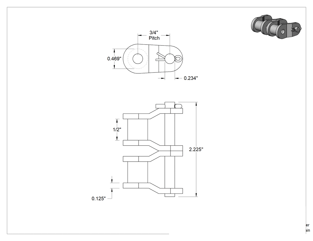 Teknik Çizim - ANSI Numara 60H-2 Ağır Hizmet Tipi Çift Telli Makaralı Zincir için Ekleme ve Bağlantı Halkası