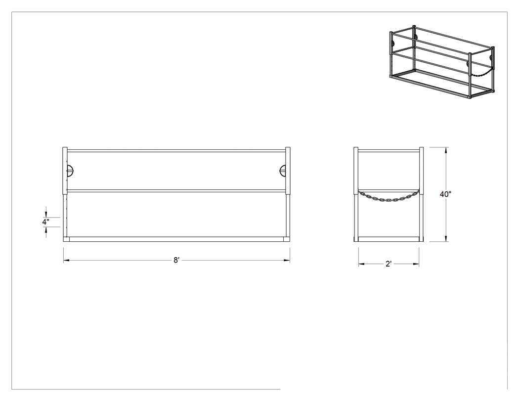Teknik Çizim - Düz Olmayan Yüzeyli İskele için 8 Fit Toplam Uzunlukta Korkuluk/Ayaklık Kiti