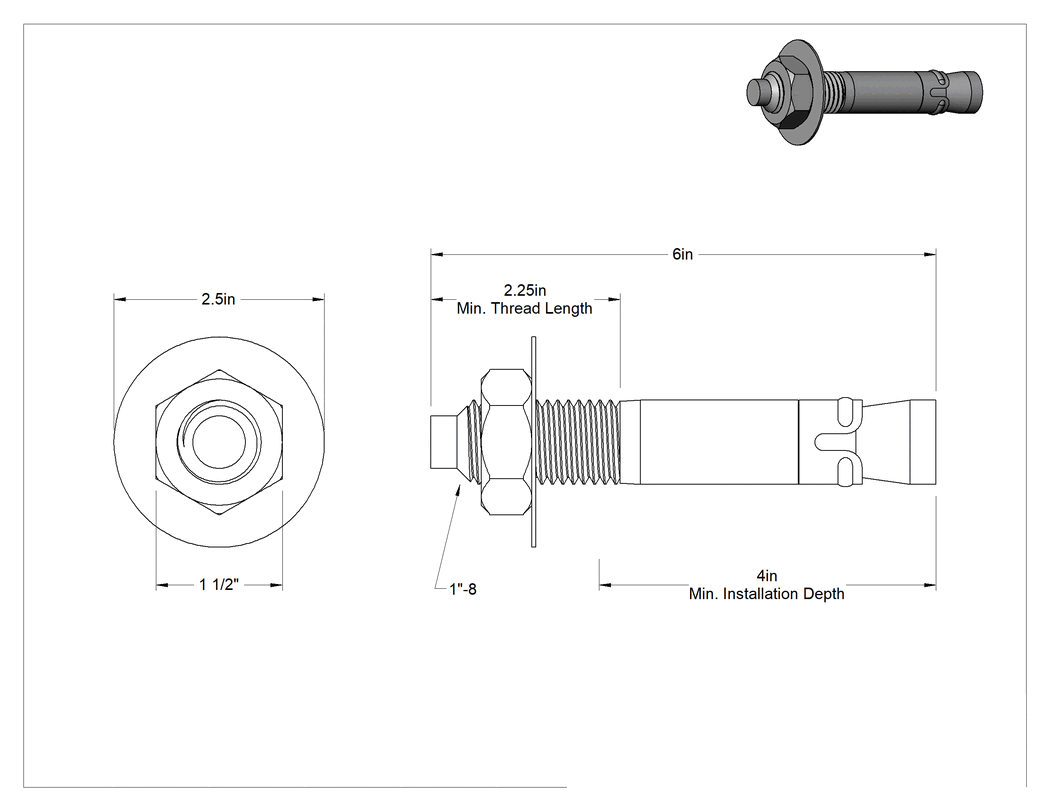 Teknik Çizim - 1" Çap, Beton için 6" Uzunlukta Galvanizli Çelik Kamalı Dübeller