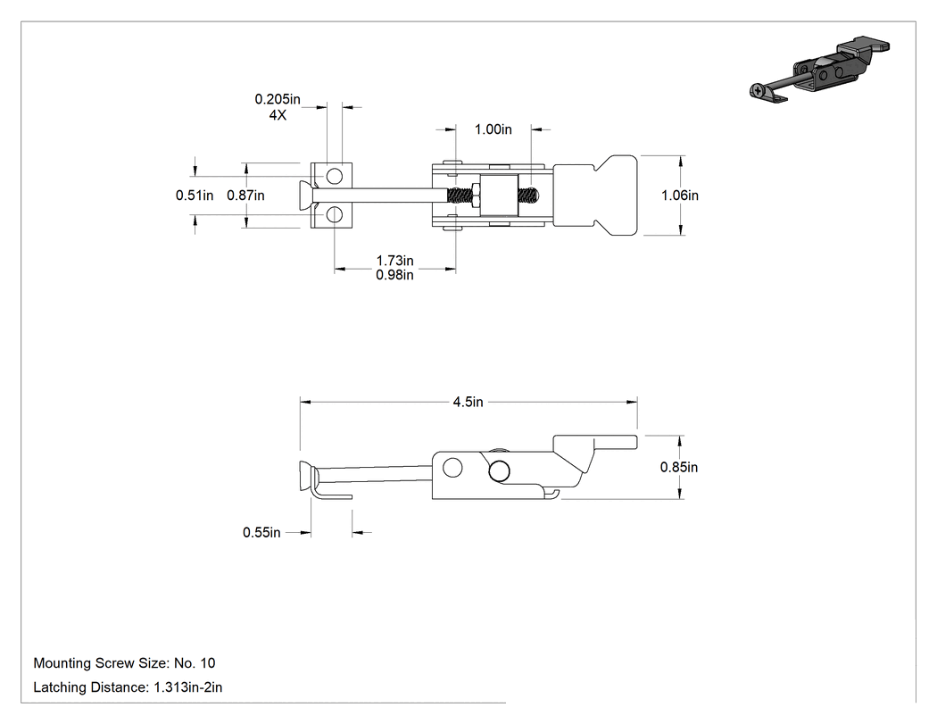 Teknik Çizim - Ayarlanabilir Tutamaklı Çekme Mandalı, Vinil Kaplı Tutamağa sahip, Çinko Kaplamalı, 4-1/2" Uzunluk x 1-1/16" Genişlik