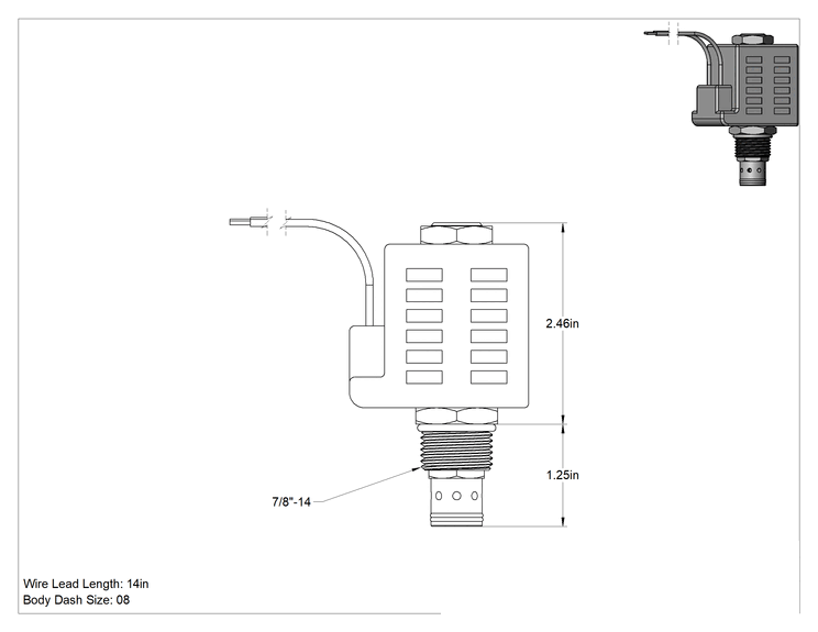 Teknik Çizim - Solenoidle Çalışan Vidalı Hidrolik Vana, Açma/Kapama, Kapalı Konum, 7/8"-14 Diş, 12.0V DC