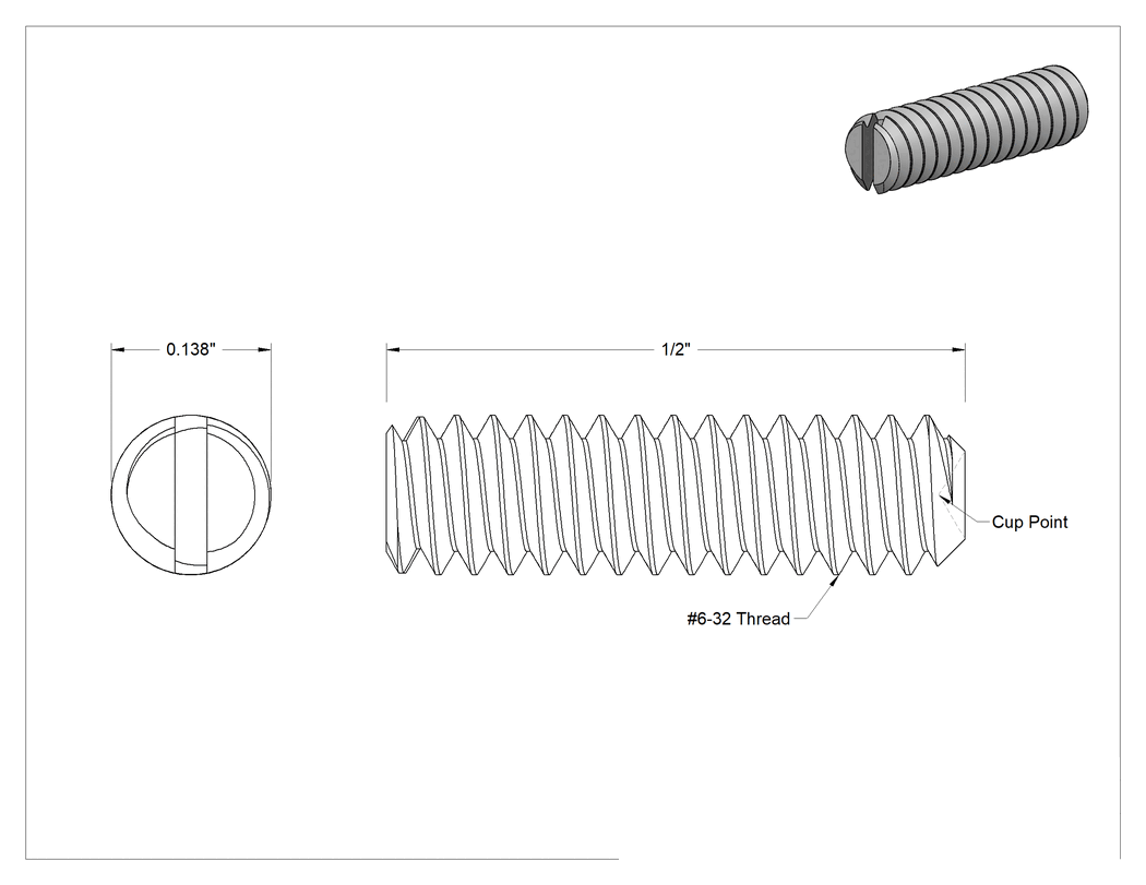 Teknik Çizim - 316 Paslanmaz Çelik Oluklu Çukur Uçlu Setskur, Süper Paslanma ve Aşınmaya Dayanıklı, 6-32 Diş, 1/2" Uzunluk