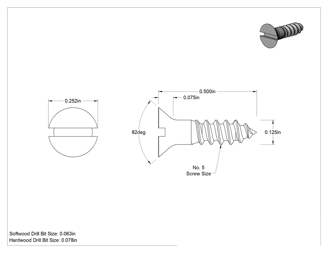 Teknik Çizim - Ahşap için Pirinç Oluklu Havşa Başlı Vidalar, 5 Numara, 1/2" Uzunluk