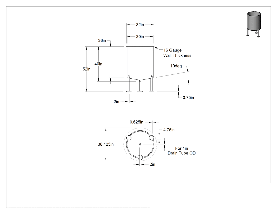 Teknik Çizim - 304 Paslanmaz Çelik Kolay Boşaltmalı Tank, Hijyenik Hızlı Kelepçeli Tahliye Bağlantısı, 100 Galon Kapasite