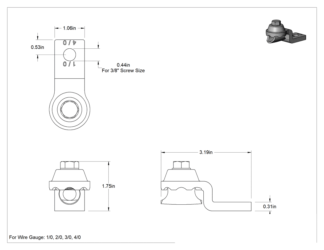 Teknik Çizim - Çok Açılı Setskur Pabucu, 1/0-4/0 AWG için