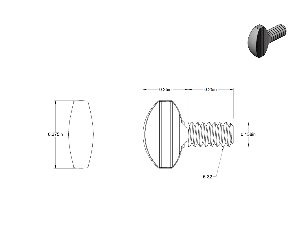 Teknik Çizim - Çelik Kürek Başlı Parmak Vidaları, 6-32 Diş Boyutu, 1/4" Uzunluk