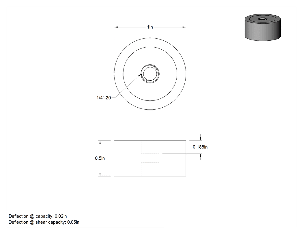 Teknik Çizim - Neopren Titreşim Sönümleyici Sandviç Montaj, 1/4"-20 Dişli Çelik Ek Parça, 130 lbs. Kapasite