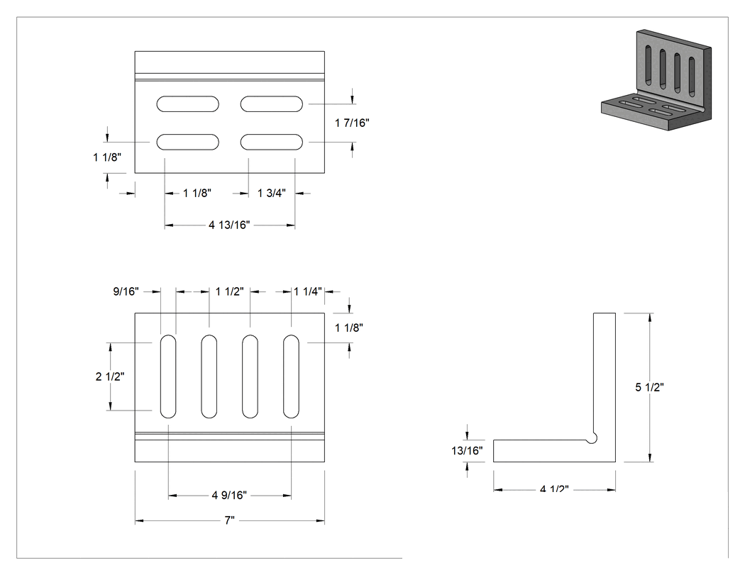Teknik Çizim - 8 Yuvalı Köşebent, 4.5 inç Uzunluk x 7 inç Genişlik x 5.5 inç Yükseklik