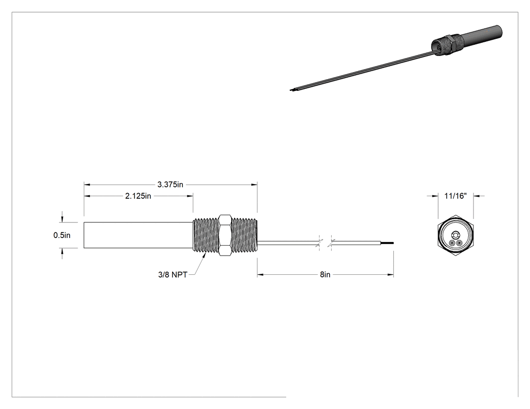 Teknik Çizim - Kompakt Sıcaklık Anahtarı, 1 Kapalı, SPST-NO, 3/8 NPT Erkek x 3/8 NPT Erkek