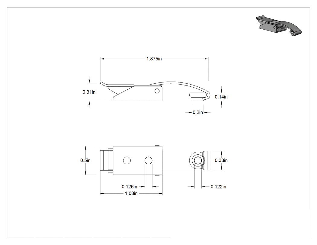 Teknik Çizim - Çekme Mandalı, Düğme Karşılıklı, 17-7 PH Paslanmaz Çelik, 1-7/8" Uzunluk x 1/2" Genişlik