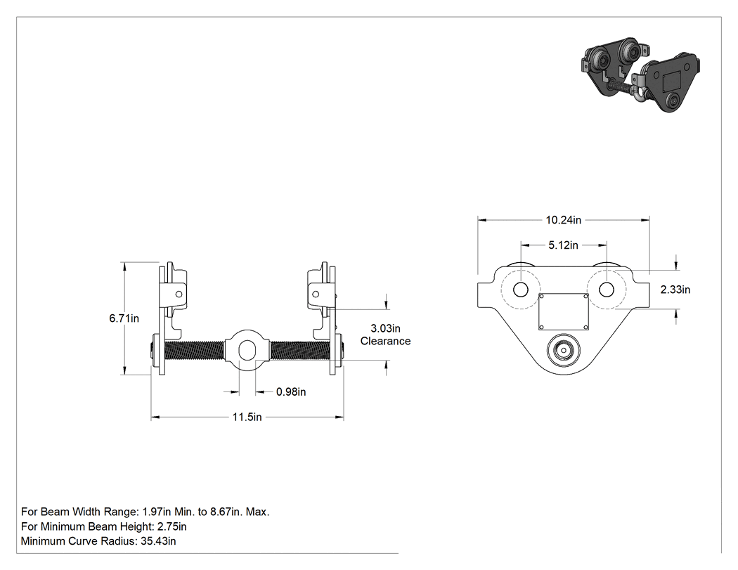 Teknik Çizim - Montaj Halkalı Çelik Vinç Taşıyıcısı, 1/2 Ton/1100 lbs. Kapasite, 3" Boşluk
