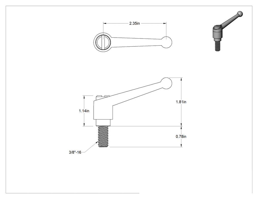Teknik Çizim - Toz Boyalı Çinko Ayarlanabilir Tutamak, 3/8"-16 Dişli x 3/4" Uzunlukta Saplamalı, 1-13/16" Çıkıntı, Siyah