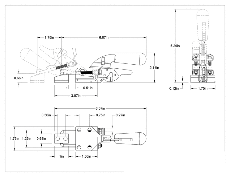 Teknik Çizim - Kilitli Tutamaçlı Mandal Tipi Mandal Kelepçe, U Tipi Kol, 18-8 Paslanmaz Çelik, 720 lbs. Kapasite, 6-9/16" Toplam Uzunluk