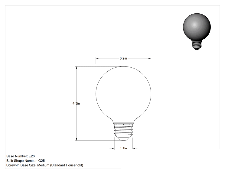 Teknik Çizim - Ampul, 40 W Akkor Eşdeğeri, LED, G25, Cam, Buzlu