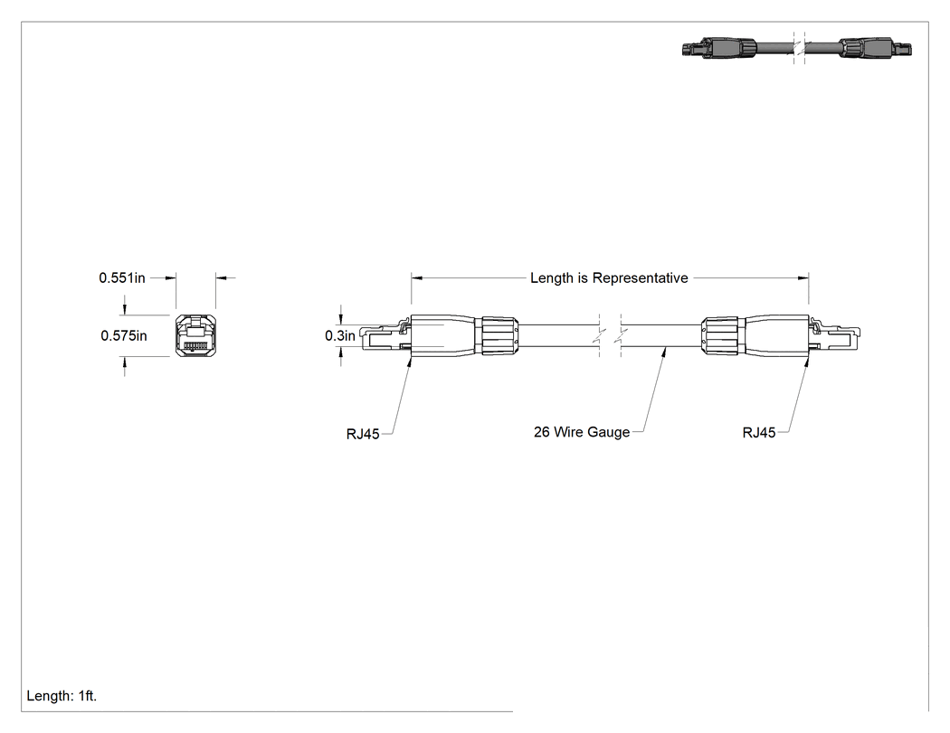 Teknik Çizim - Sürekli Esnek Ethernet Kablosu, RJ45 Fişleri, Kategori 5E, 1 Fit Uzunluğunda