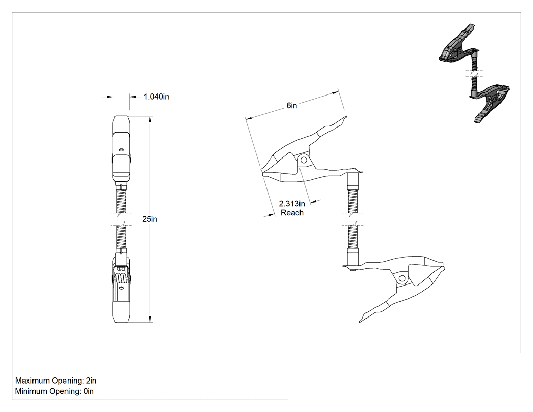 Teknik Çizim - Esnek Kollu Yaylı Kelepçe, 0" - 2" Açıklık, 25" Toplam Uzunluk